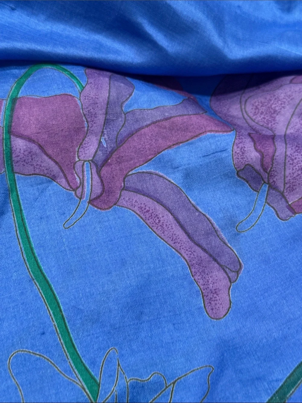 Vibrant Blue Floral Silk Scarf block printed stunning 35” by 36”